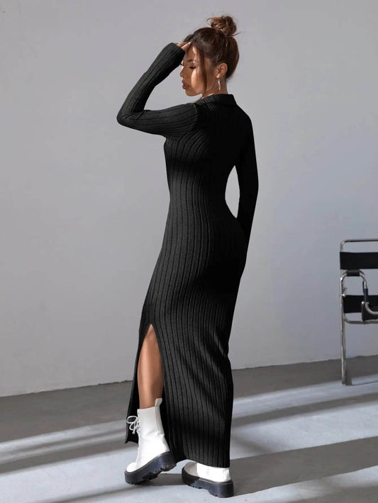 Buy Center Black Slimming Dress - V-Neck Knit Waist Wrap Design - Buy Center UK
