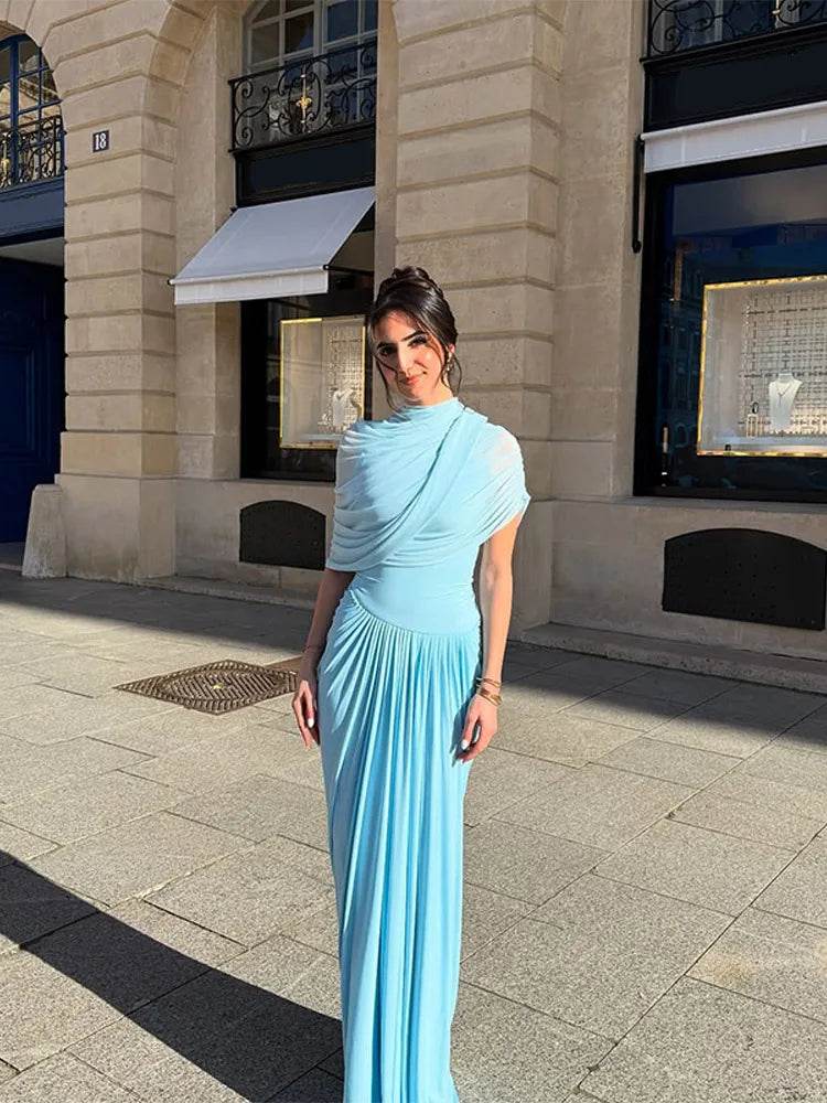 Buy Center Irregular Blue Pleated Long Dress - Elegant A-line Style - Buy Center UK