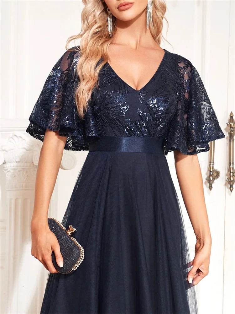 Luxury Blue V-Neck Sequins Evening Dress - Elegant Floor-Length Gown - Buy Center UK