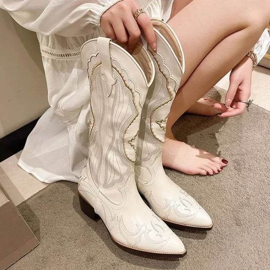 YBQJOO Vintage Square Heel Cowboy Boots for Women - Embroidered Style - Buy Center UK