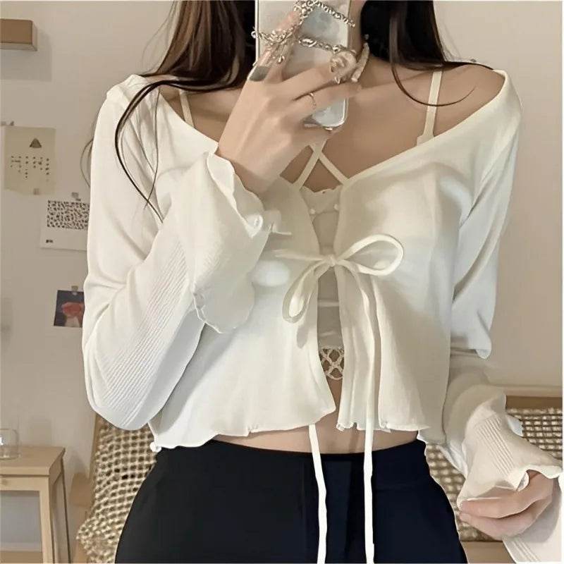 Buy Center White Knitted Cardigan - Flare Sleeves & Lace-Up Style - Buy Center UK