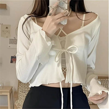 Buy Center White Knitted Cardigan - Flare Sleeves & Lace-Up Style - Buy Center UK