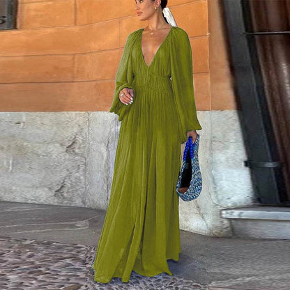 Elegant Lantern Sleeve Beach Dress - Summer O-neck Chic Style - Buy Center UK