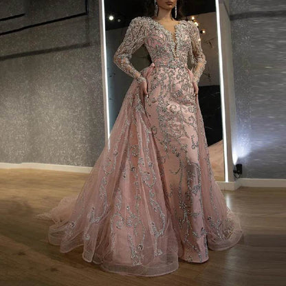 Buy Center Pink Sequin Evening Gown - V-Neck, Floor-Length Elegance - Buy Center UK