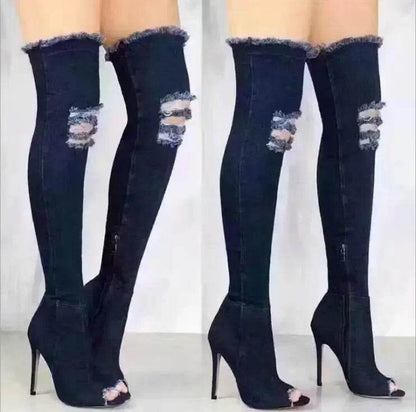 Buy Center Thigh High Peep Toe Boots - Stylish Blue Denim Design - Buy Center UK