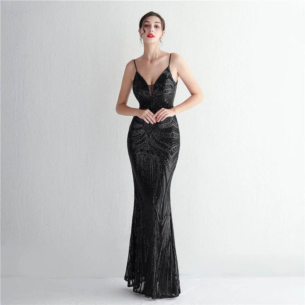 HBLL Sexy V Neck Maxi Dress - Purple Sequin Evening Gown for Parties - Buy Center UK