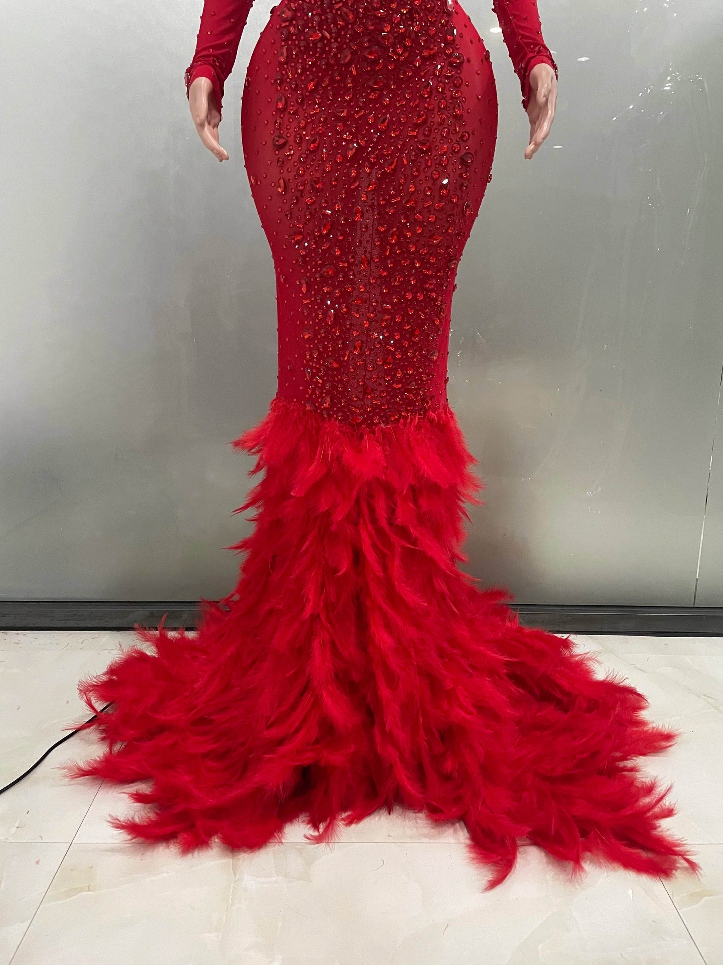 Buy Center Women’s Sparkling Red Long Dress - Feather & Transparent Elegance - Buy Center UK