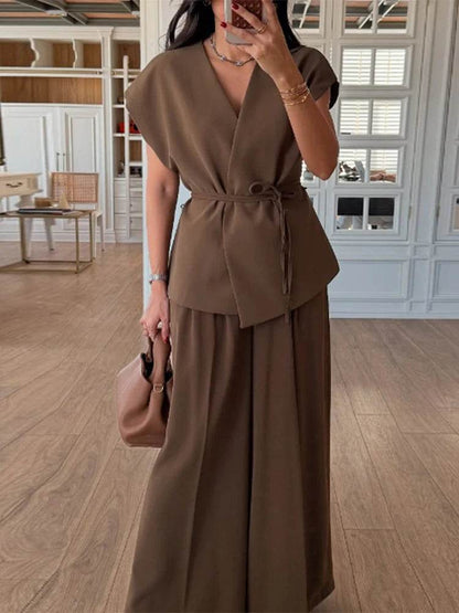 Buy Center Women's Loose Lace Up Shirt & Pleated Pants Set - Spring Style - Buy Center UK