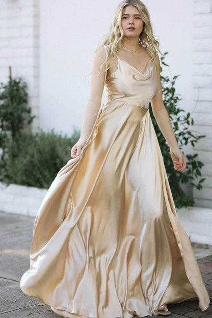 2024 Satin Bridesmaid Dress - Cowl Neck, A-Line, Leg Slit Styles - Buy Center UK