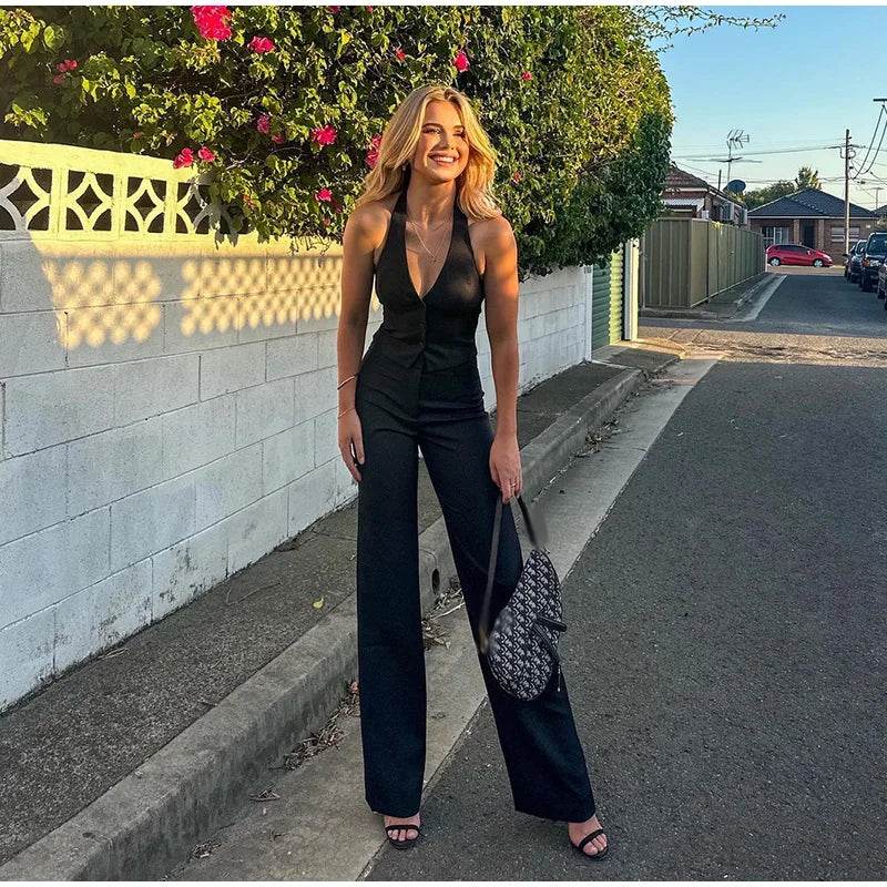 Halter Vest Coat & Wide Leg Pants Set - Chic Backless Outfit for Women - Buy Center UK