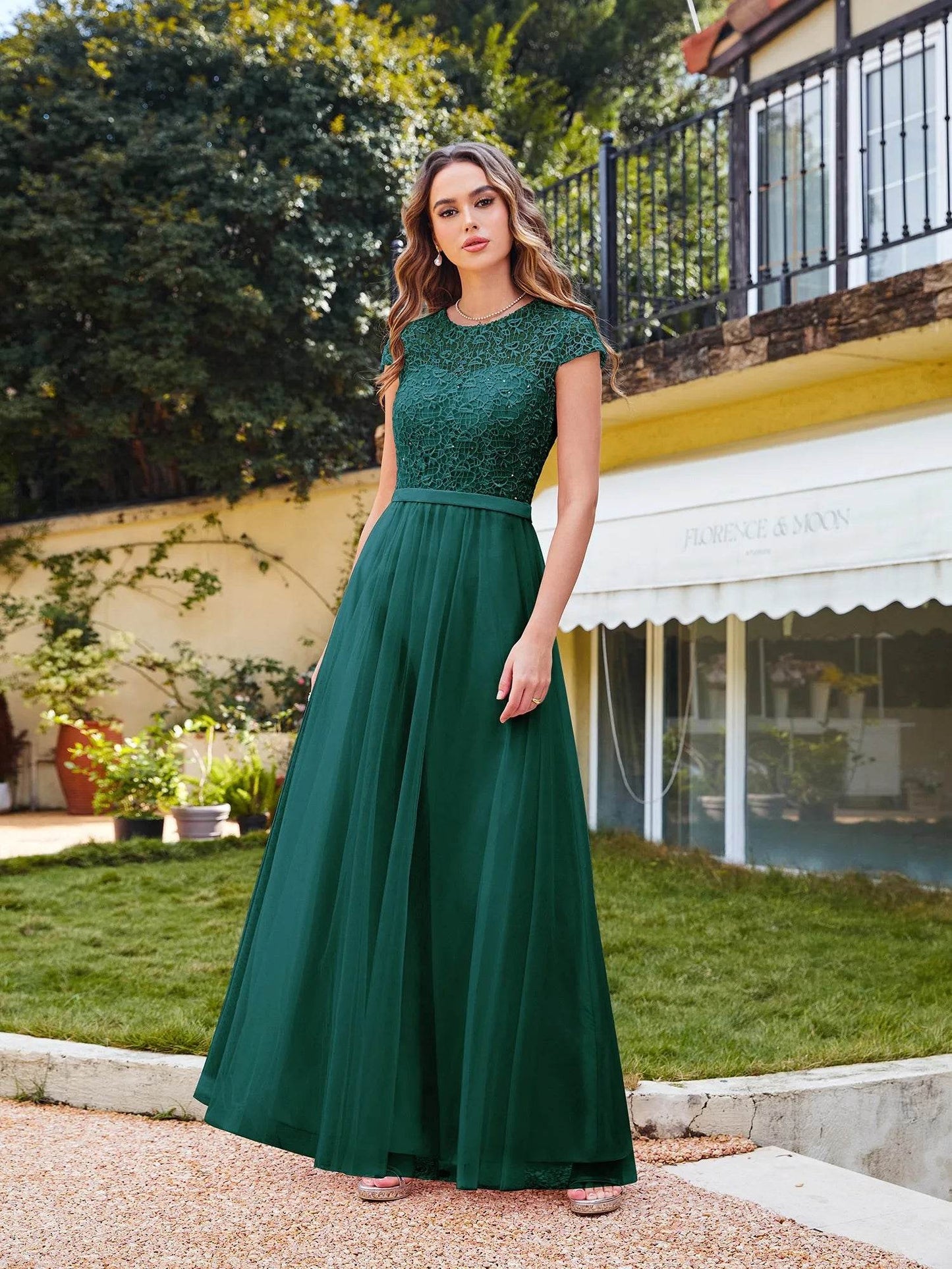 Buy Center A-line Lace Dress - Scoop Neck, Elegant Short Sleeves - Buy Center UK