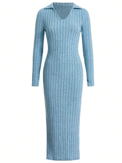 Spring 2024 Knitted Slim Lapel Dress - Long Sleeve, Elegant Fit - Buy Center UK