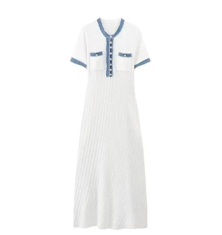Buy Center Cotton Knitted Dress - Fringe Splicing, Knee-Length Style - Buy Center UK