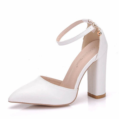 Crystal Queen White High Heels - Pointed Toe, Buckle Strap Pumps - Buy Center UK