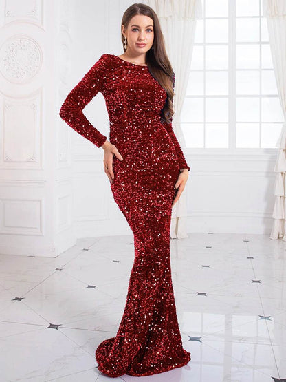Romagic Royal Blue Sequin Mermaid Gown - Elegant Long Sleeve Dress - Buy Center UK
