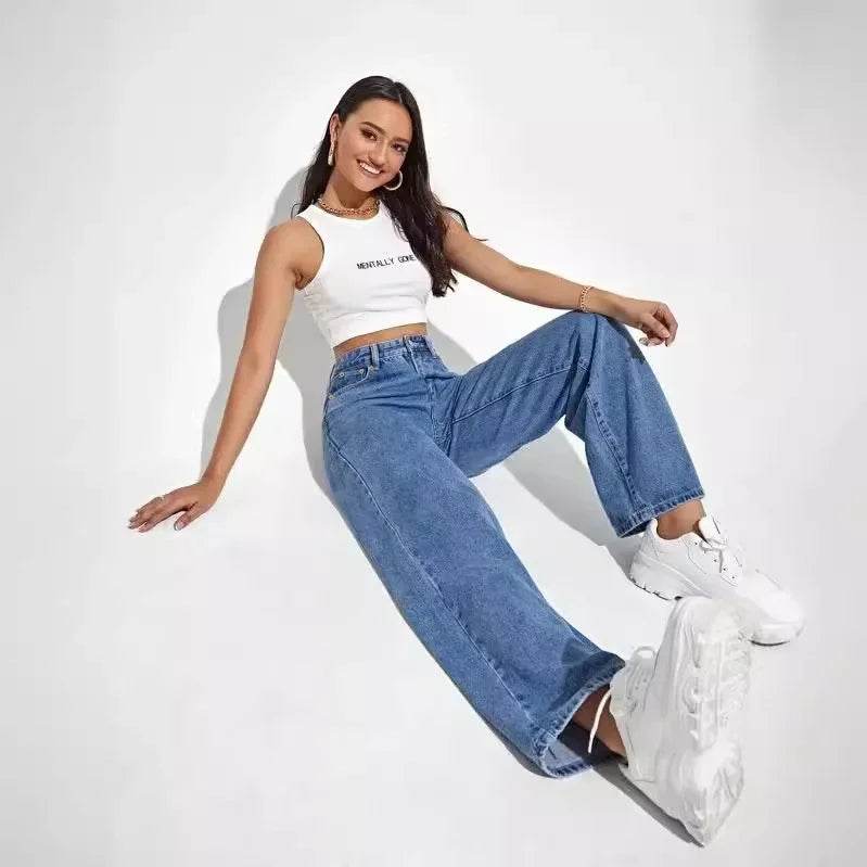 Trendy Mid Waist Straight Leg Jeans - Comfortable Blue Denim Pants - Buy Center UK