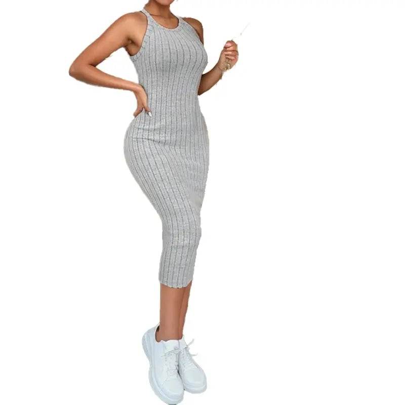 Buy Center Ribbed Midi Dress - Solid Halter Neck Bodycon Style - Buy Center UK