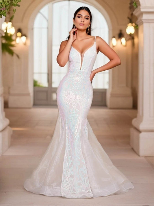 Romagic Deep V Neck Sleeveless Maxi Dress - Luxury Sequined Gown - Buy Center UK