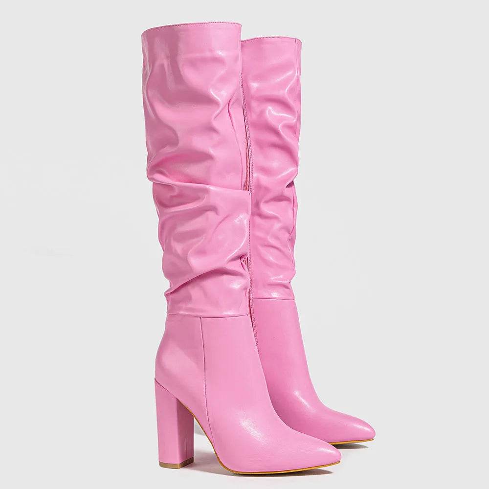 Buy Center Y2K Pink Knee High Boots - Pointy Toe, Block Heels - Buy Center UK