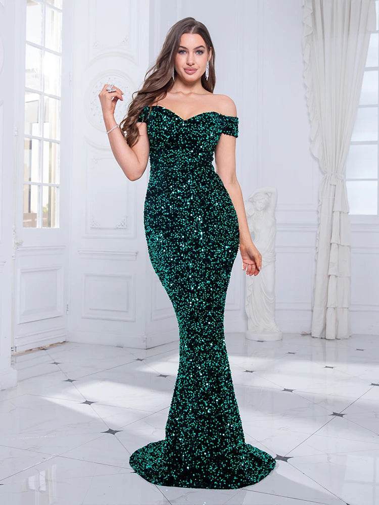 Romagic Off The Shoulder Evening Dress - Luxe Velvet Sequin Gown - Buy Center UK