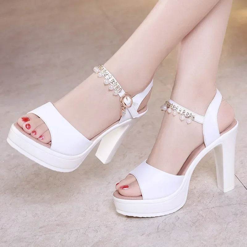 Elegant White Pearl Wedding Shoes - Women’s High Heels Sandals - Buy Center UK