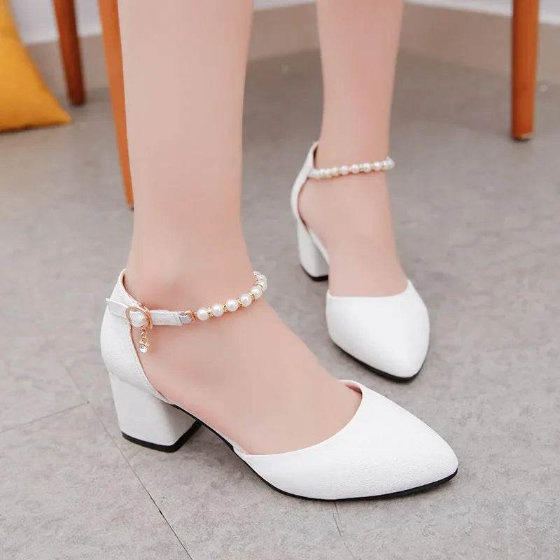 Elegant Women's White Buckle Strap Square Heel Pumps for Office - Buy Center UK