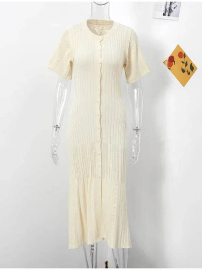Elegant Women's Knit Dress - Slim O-Neck, Short Sleeve A-Line - Buy Center UK