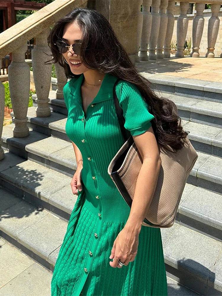 Elegant Knit Solid Women's Dress - High Waist, Short Sleeve O Neck - Buy Center UK