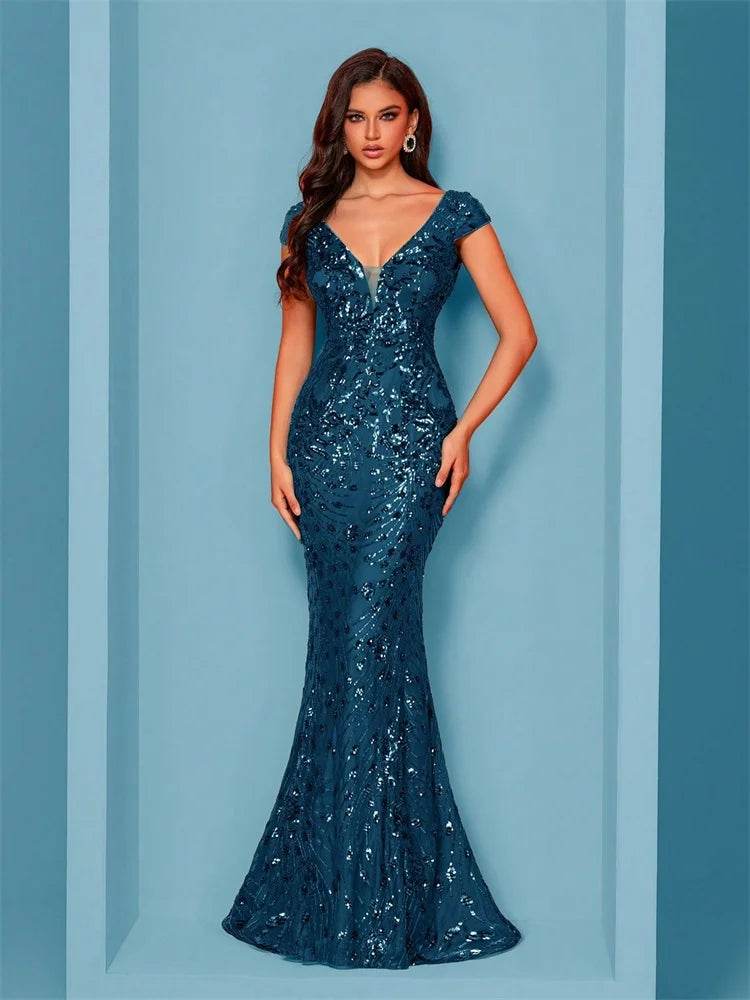Elegant Blue Mermaid Evening Dress - Luxury Sequined Formal Gown - Buy Center UK