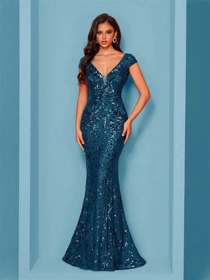 Elegant Blue Mermaid Evening Dress - Luxury Sequined Formal Gown - Buy Center UK
