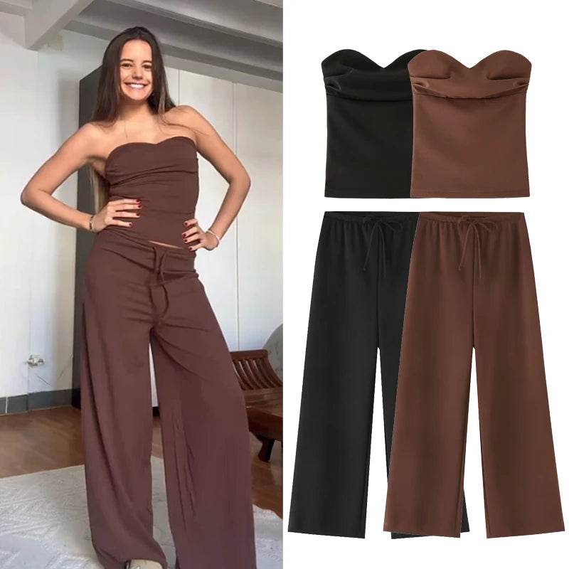 TRAF Women's Elegant 2 Piece Pants Set - Corset Top & Baggy Pants - Buy Center UK