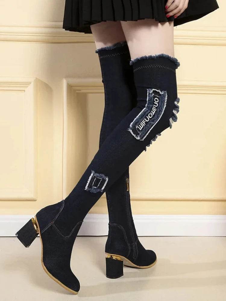 Women's Over The Knee Denim Boots - Pointed Toe High Heels - Buy Center UK