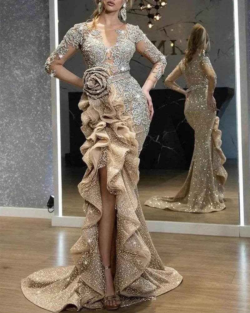 Buy Center Sexy Gold Bling Dress - Long Sleeve Lace & Sequin Elegance - Buy Center UK