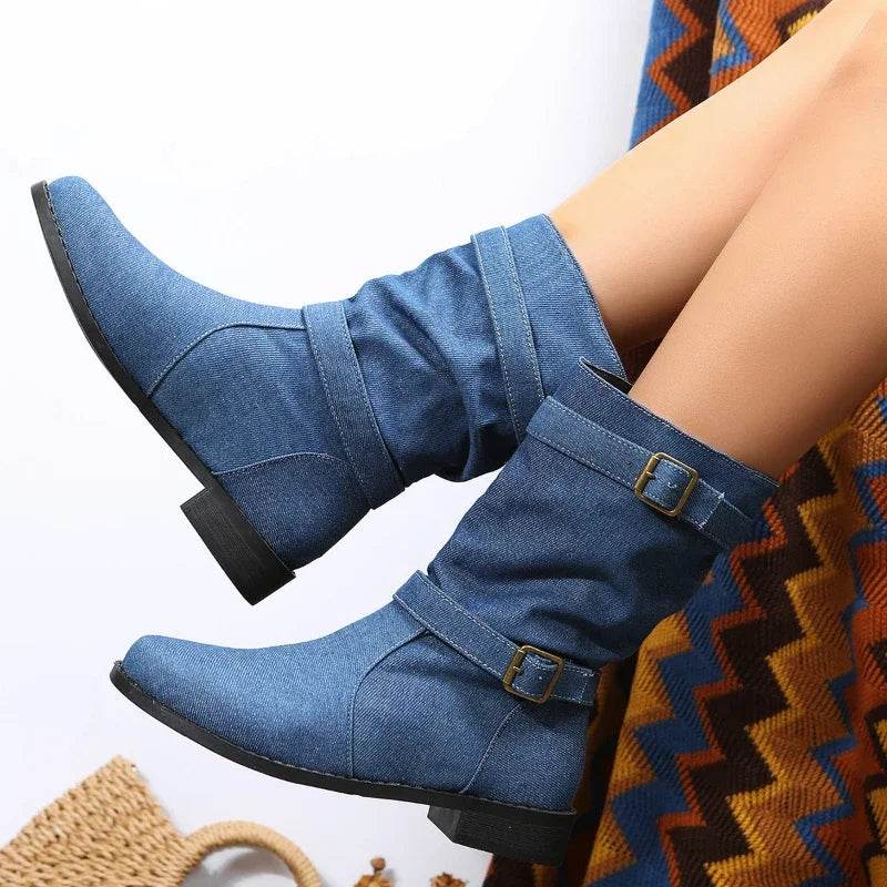Buy Center Women's Mid Calf Denim Boots - Comfortable Round Toe Design - Buy Center UK