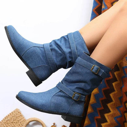 Buy Center Women's Mid Calf Denim Boots - Comfortable Round Toe Design - Buy Center UK