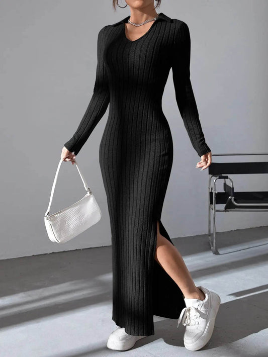Buy Center Black Slimming Dress - V-Neck Knit Waist Wrap Design - Buy Center UK