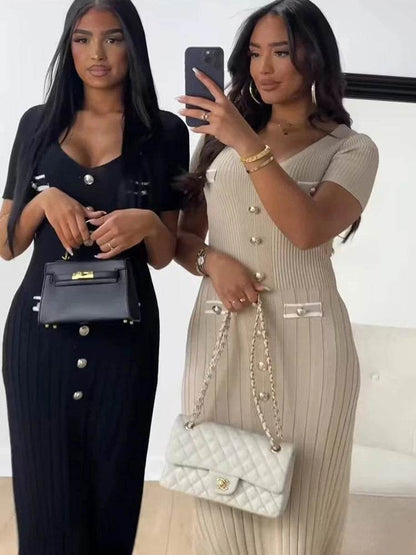 Buy Center Elegant Knitted Long Dress - V-neck Bodycon for Summer - Buy Center UK