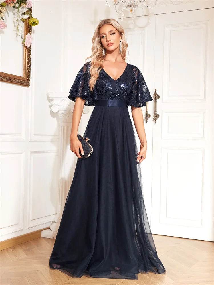 Luxury Blue V-Neck Sequins Evening Dress - Elegant Floor-Length Gown - Buy Center UK