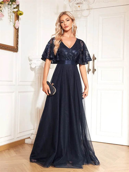 Luxury Blue V-Neck Sequins Evening Dress - Elegant Floor-Length Gown - Buy Center UK