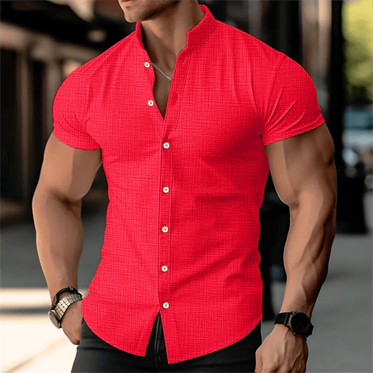 Buy Center Men's Linen Shirt - Stand Up Collar, Short Sleeves, Summer - Buy Center UK