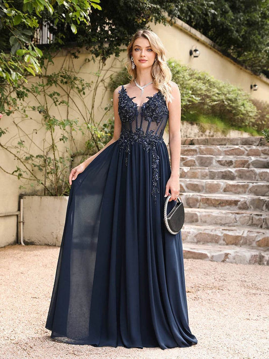 Elegant Navy Blue A-Line Evening Dress - Spaghetti Straps & Beaded Appliques - Buy Center UK