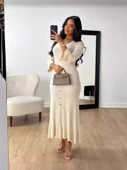 Elegant Knitted Long Dress for Women - V-Neck Flare Sleeve Style - Buy Center UK