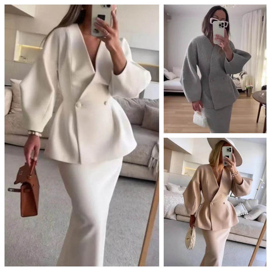 Elegant Blazer Coat Skirt Set - Slim V-Neck, Lantern Sleeve Chic - Buy Center UK