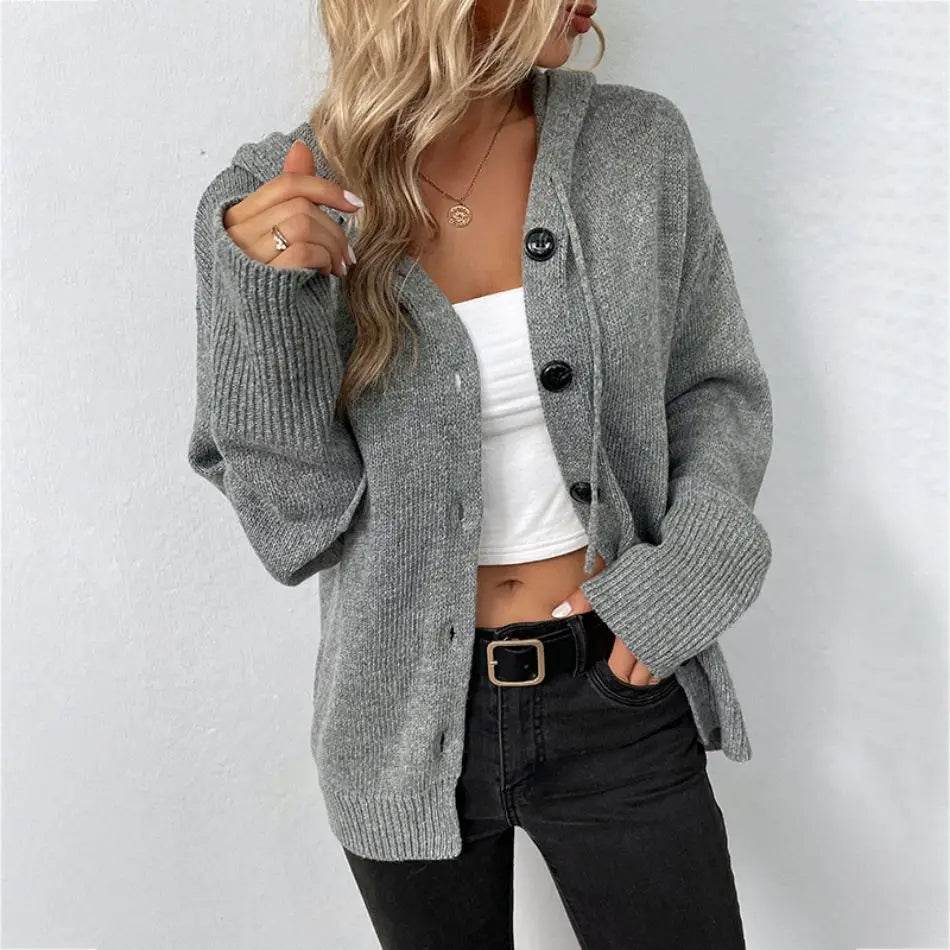 Buy Center Women's Knitted Cardigan Coat - Hooded, Single-Breasted Style - Buy Center UK