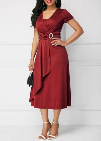 Elegant Summer Midi Dress - Women’s V Neck Asymmetric Hem Style - Buy Center UK