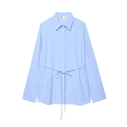 TFMLN Women's Loose Shirt with Belt - Stylish Long Sleeve Blouse - Buy Center UK