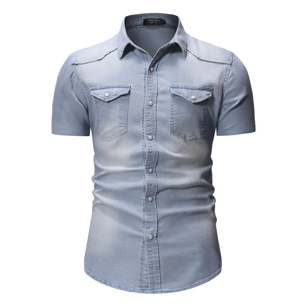 Buy Center Men's Slim Fit Denim Shirt - Short Sleeve Casual Top - Buy Center UK