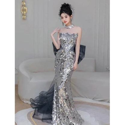 Plus Size Women's Mermaid Evening Dress - Sequins & Bow Detail - Buy Center UK