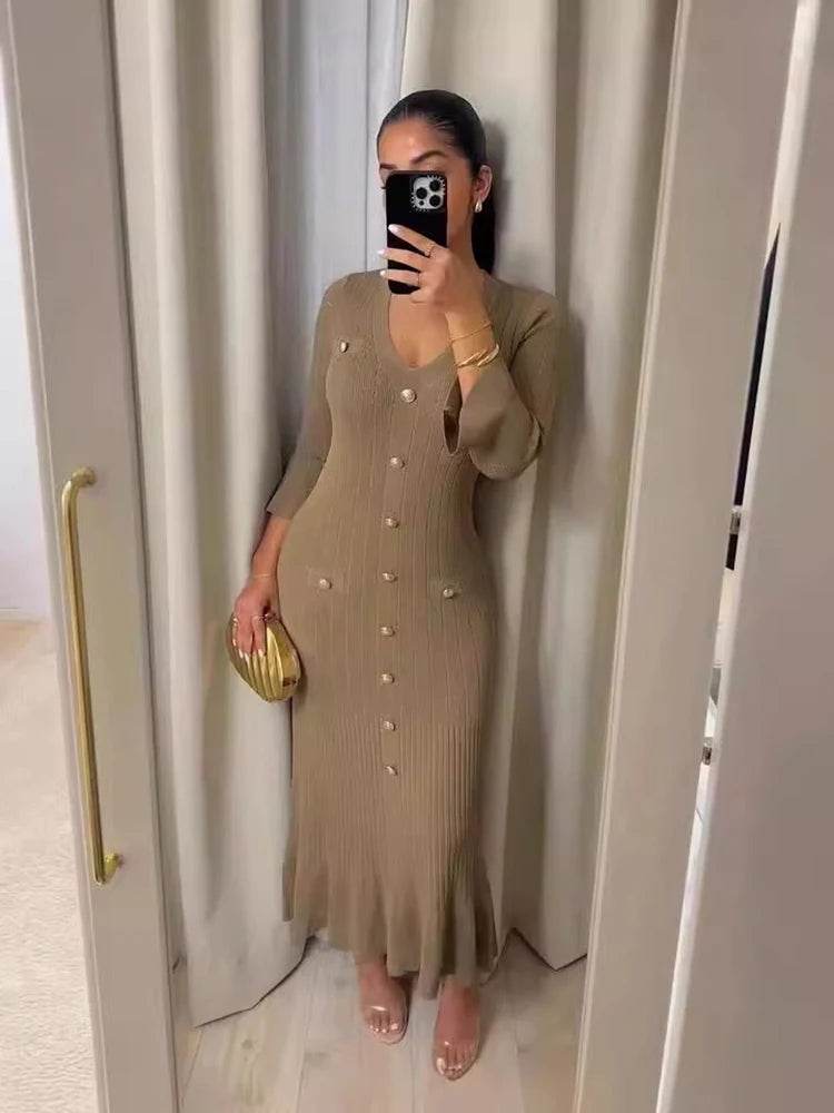 Elegant Knitted Long Dress for Women - V-Neck Flare Sleeve Style - Buy Center UK
