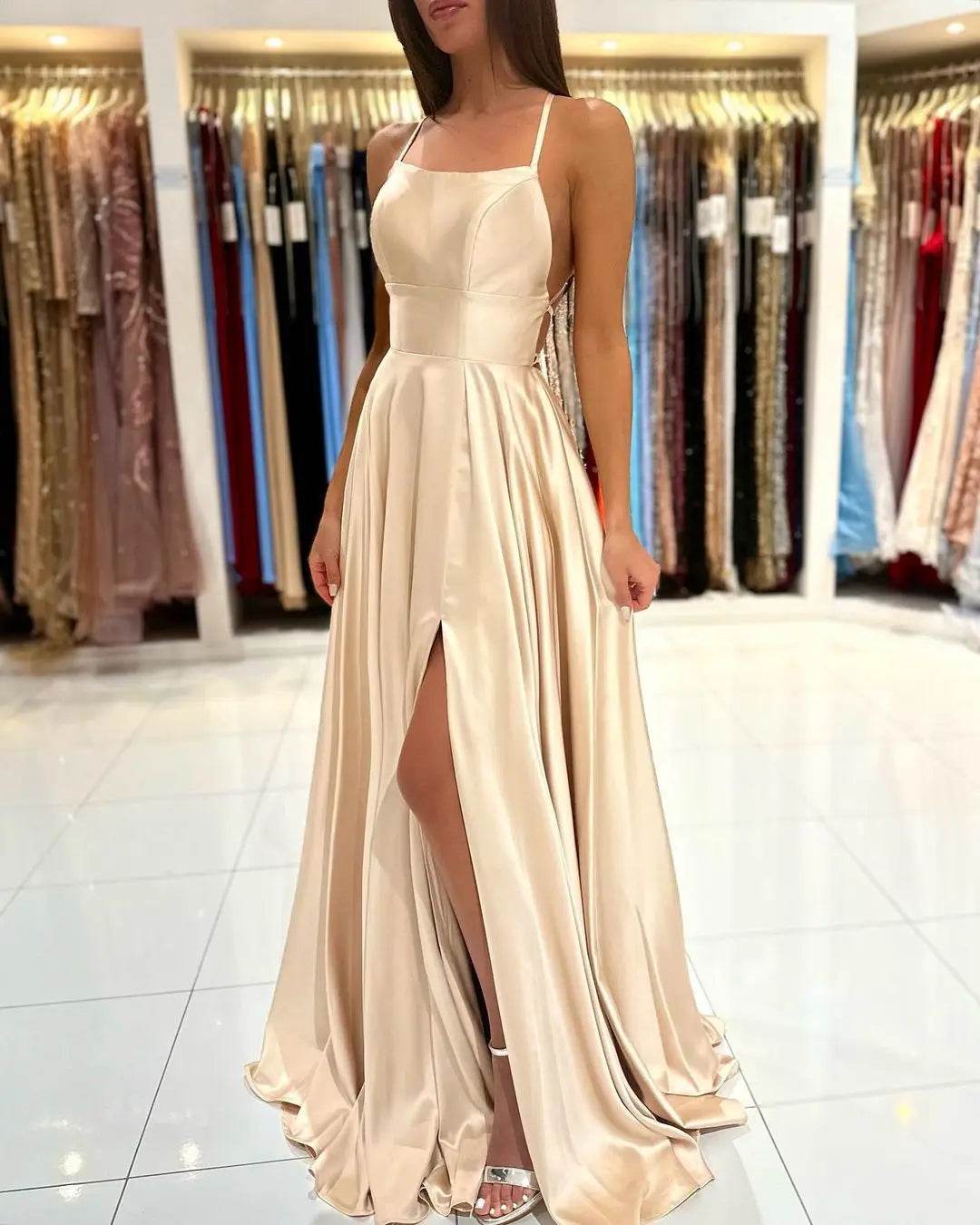 2024 Satin Bridesmaid Dress - Cowl Neck, A-Line, Leg Slit Styles - Buy Center UK